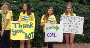 Members of the group "UNC Beyond Coal" asked the Board of Trustees this week to stop investing university endowment funds in the coal industry. [Photo by Andrew Tie]