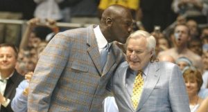 Michael Jordan showed his appreciation to Dean Smith in this 2007 ceremony in Chapel Hill.  (Photo by Zeke Smith, Creative Commons)