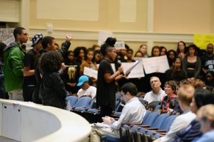 Students speak out during a Town Hall about race and inclusion at Memorial Hall, University of North Carolina at Chapel Hill. Clarence Page, a Pulitzer Prize winning journalist, facilitated the event, which was hosted by Chancellor Carol Folt.