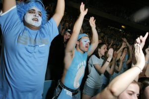 Carolina fans cheer on the Tar Heels at the Dean Smith Center during the National Championship game.