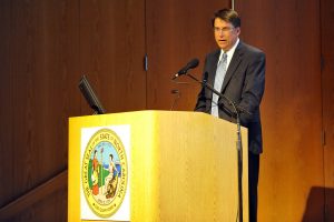 Gov. Pat McCrory addresses a crowd in 2013. The Republican governor signed HB2 into law in March. The law strikes down local non-discrimination ordinances and has been the subject of nationwide speculation.