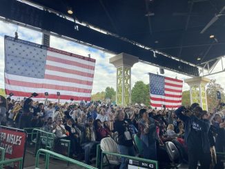 A crowd gathers at the rally of Vice President Kamala Harris.