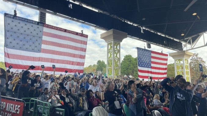 A crowd gathers at the rally of Vice President Kamala Harris.