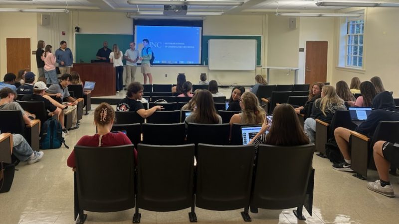 Students attend a class session of a sports communication class taught by Livis Freeman and Tyler Hansbrough. The class is part of a growing sports communication curriculum. (Marquerite Stouse / Carolina Connection)