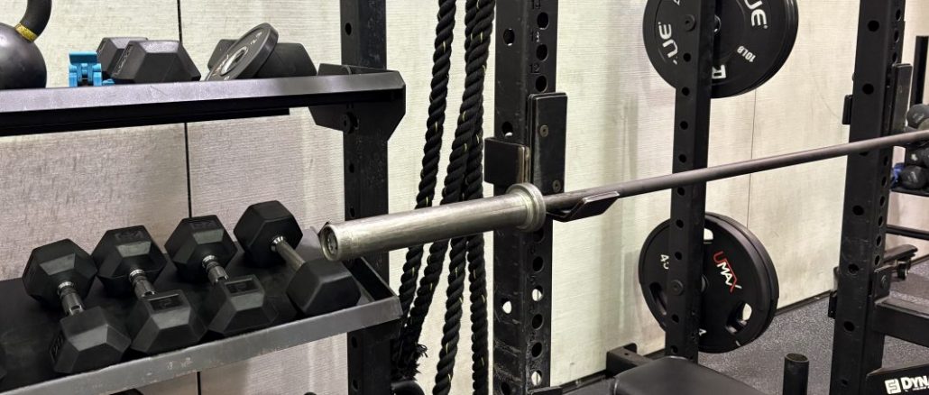 Dumbbells, plates, and a bench in a gym.