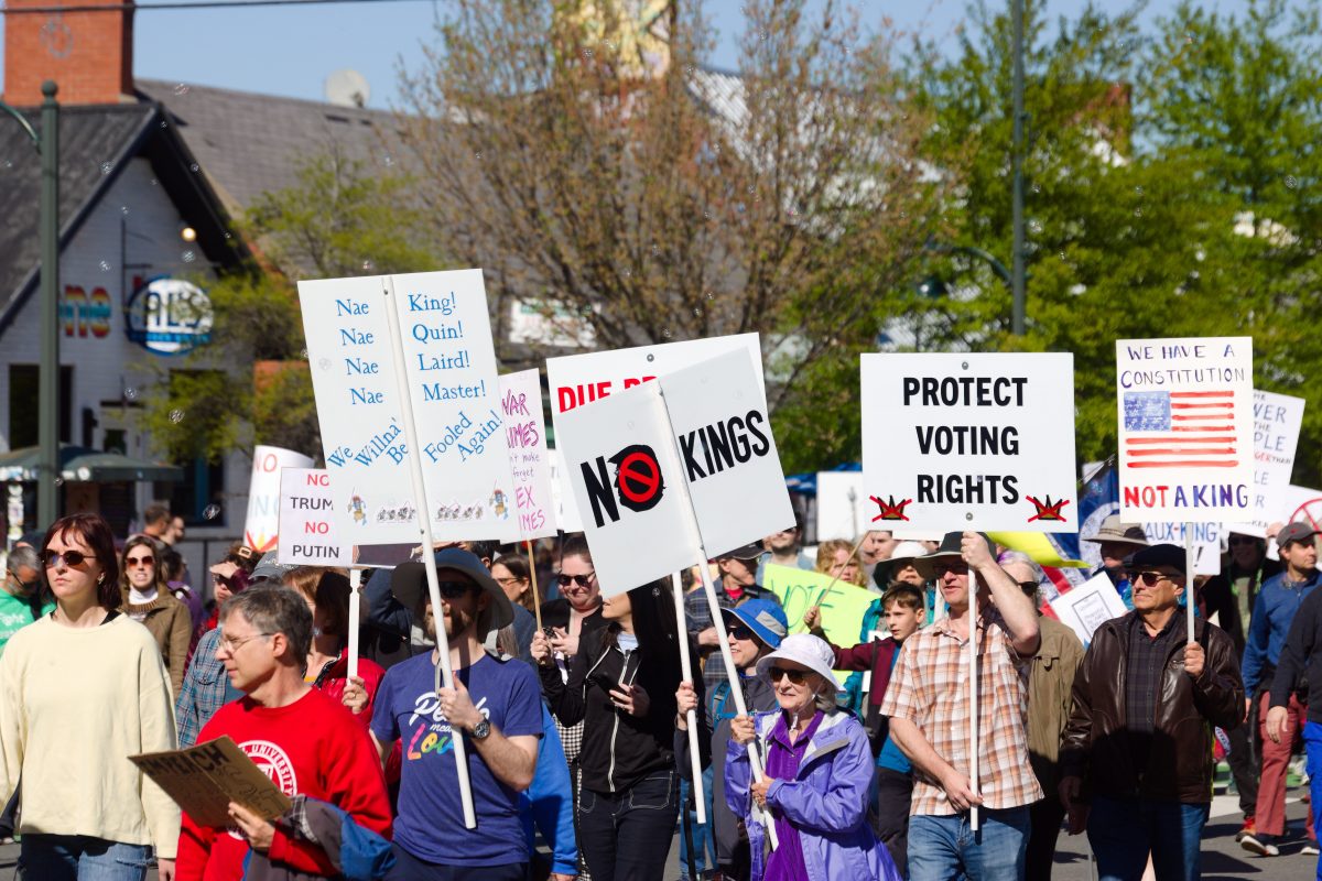 Protesters march at the third national No Kings protest in Chapel Hill. (Gabriel Smith)